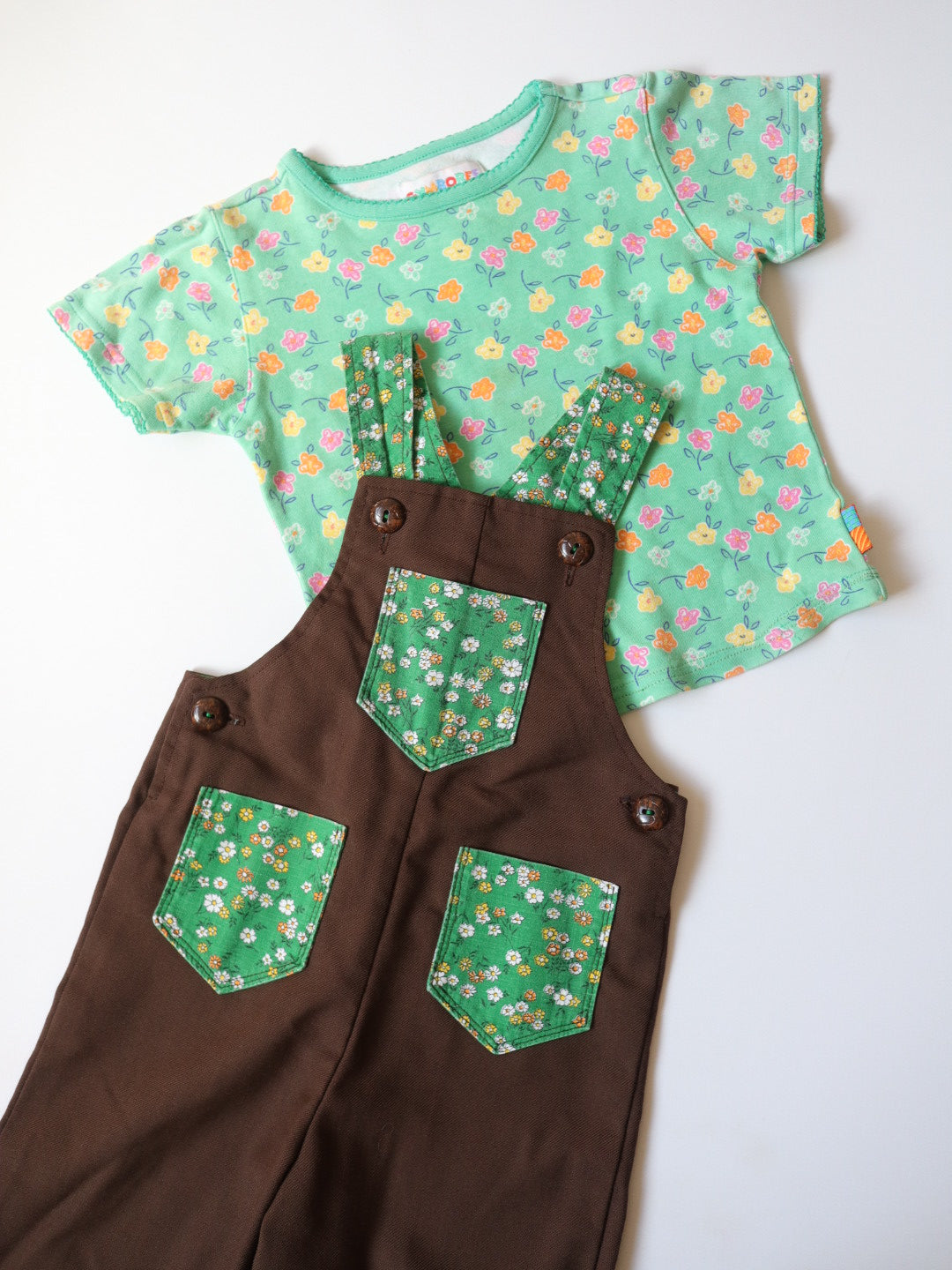 Vintage Brown Cotton Floral Pockets Overall / 2T