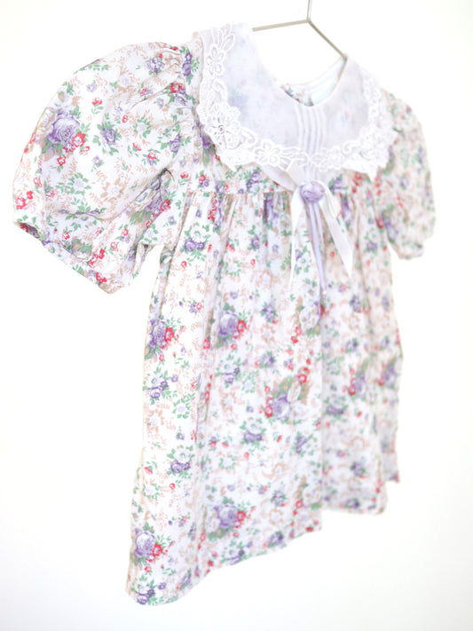 Vintage Lace Collar Beige Floral Dress Top / 9-12M
