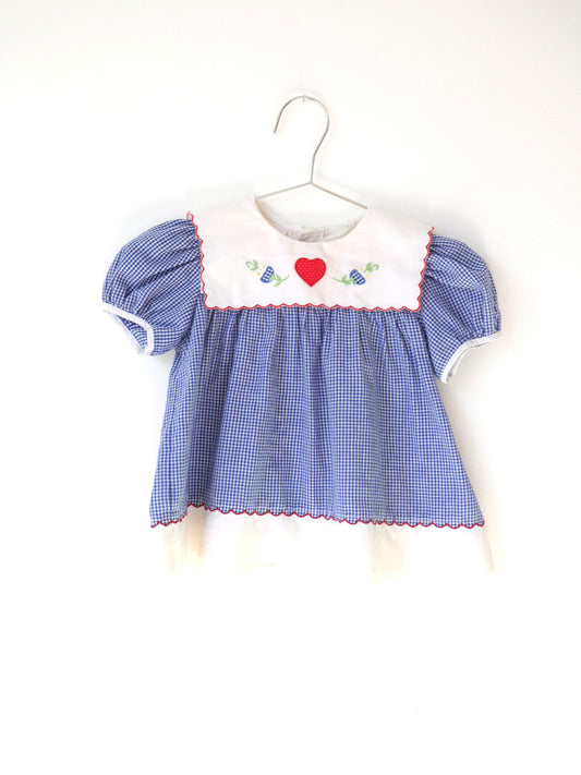 Vintage Blue Gingham Heart Collar Top / 18M