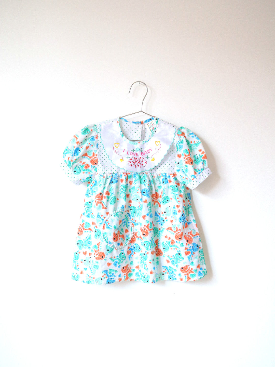 Vintage Dinosaur Green Polka Dot Dress / 24M