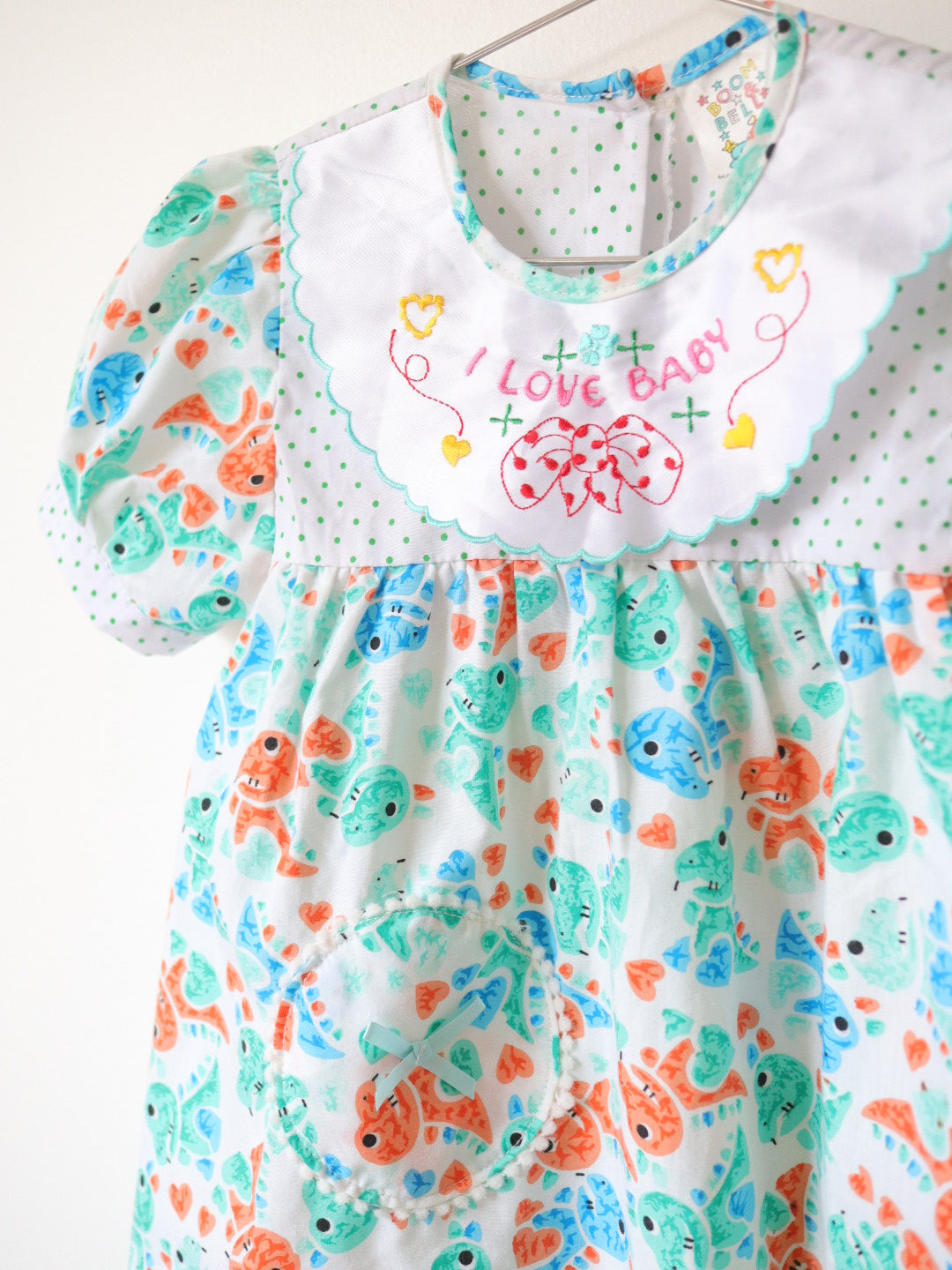 Vintage Dinosaur Green Polka Dot Dress / 24M