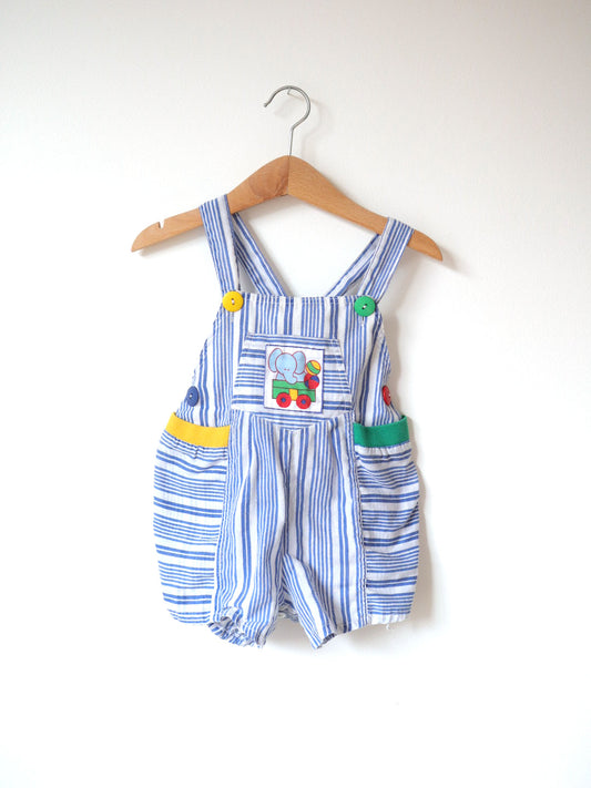 Vintage Elephant Blue Stripe Baby Romper / 9-12M