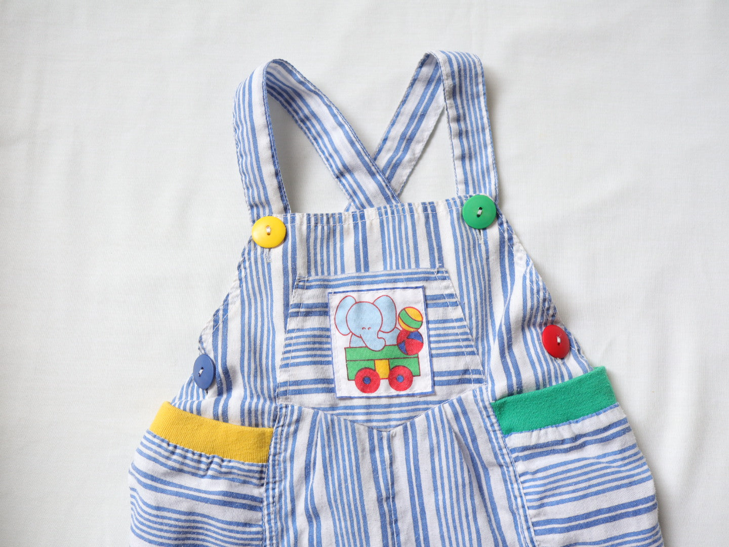 Vintage Elephant Blue Stripe Baby Romper / 9-12M