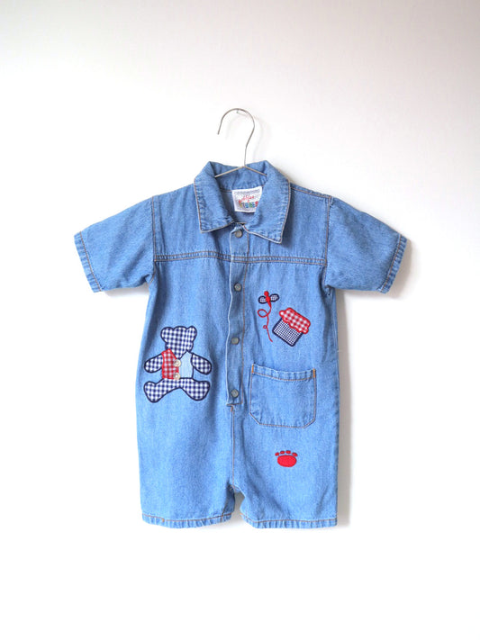 Vintage Denim Teddy Bear Applique Short Jumpsuits / 2Y