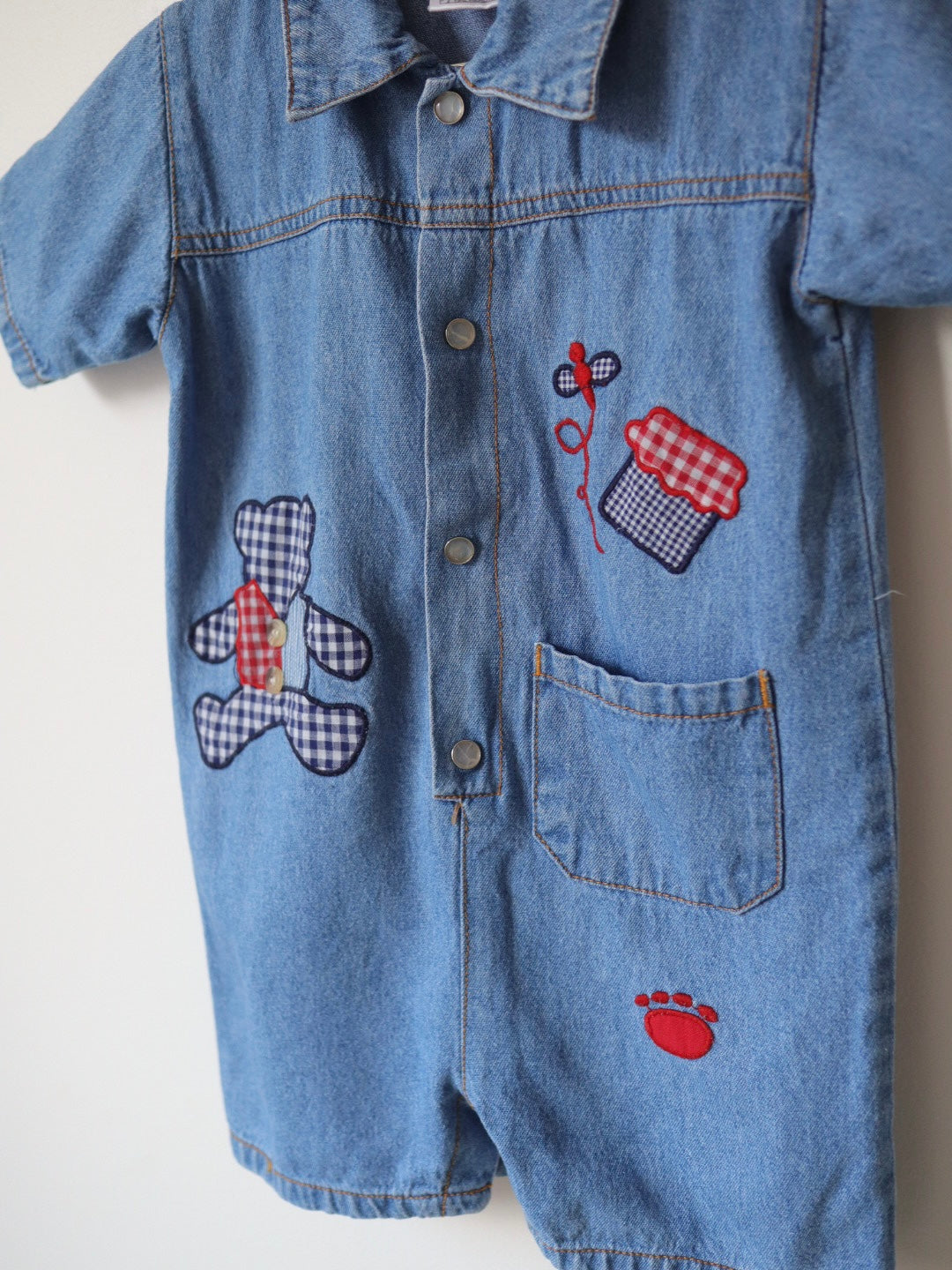 Vintage Denim Teddy Bear Applique Short Jumpsuits / 2Y