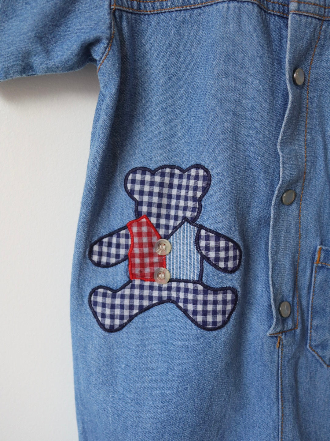 Vintage Denim Teddy Bear Applique Short Jumpsuits / 2Y