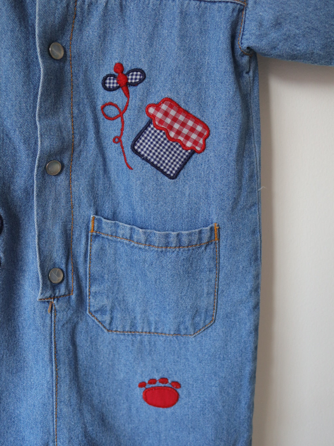 Vintage Denim Teddy Bear Applique Short Jumpsuits / 2Y