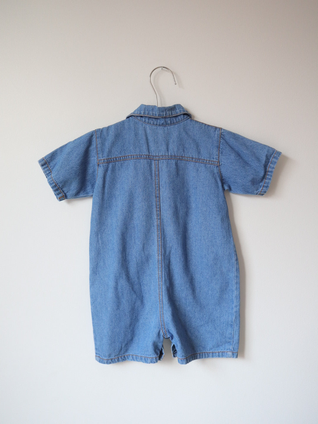 Vintage Denim Teddy Bear Applique Short Jumpsuits / 2Y