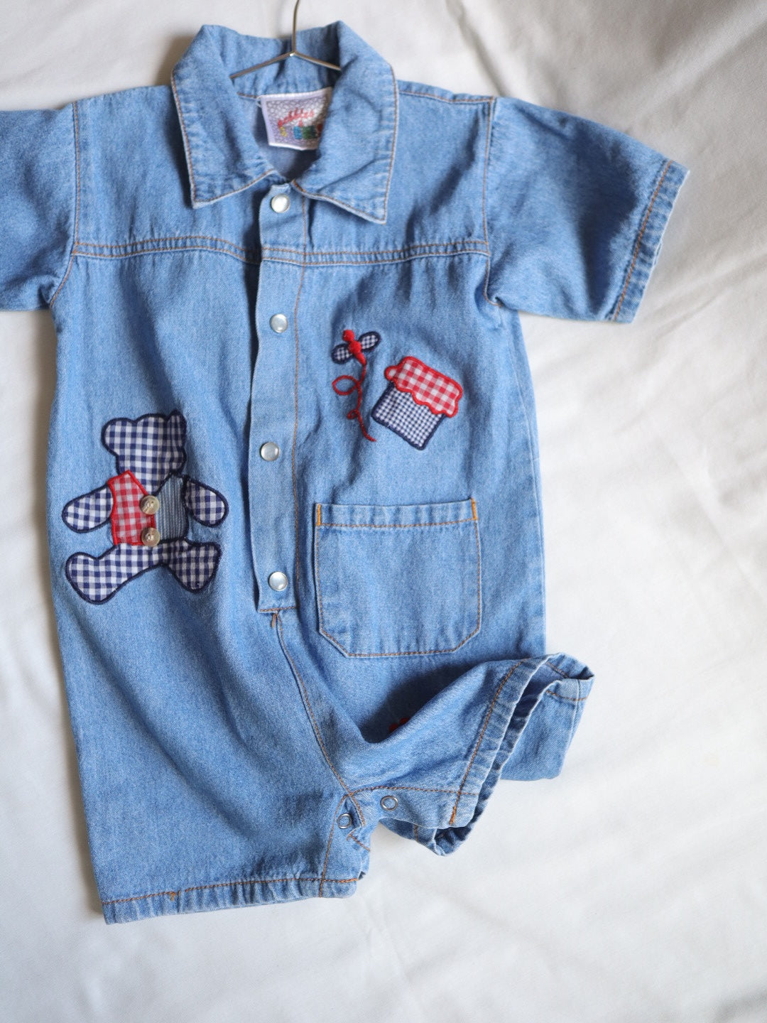 Vintage Denim Teddy Bear Applique Short Jumpsuits / 2Y