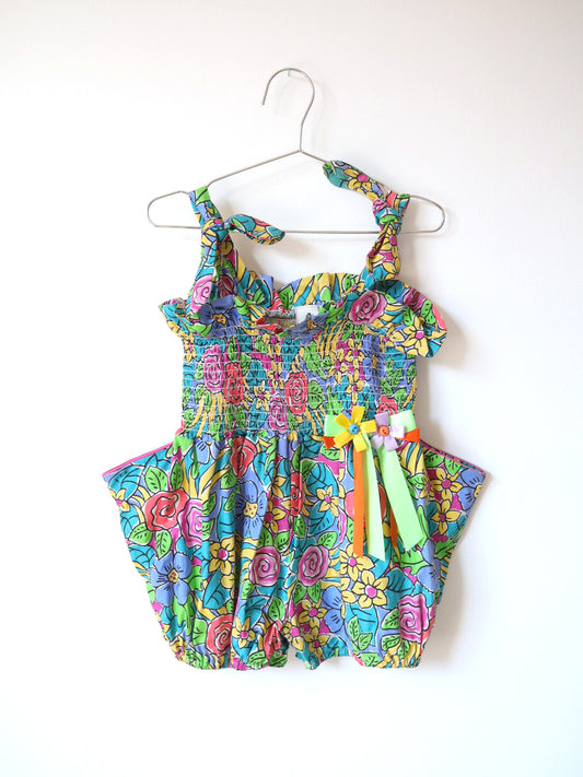Vintage Neon Flower Print Summer Bubble Short Romper / 4Y