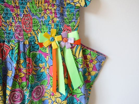 Vintage Neon Flower Print Summer Bubble Short Romper / 4Y