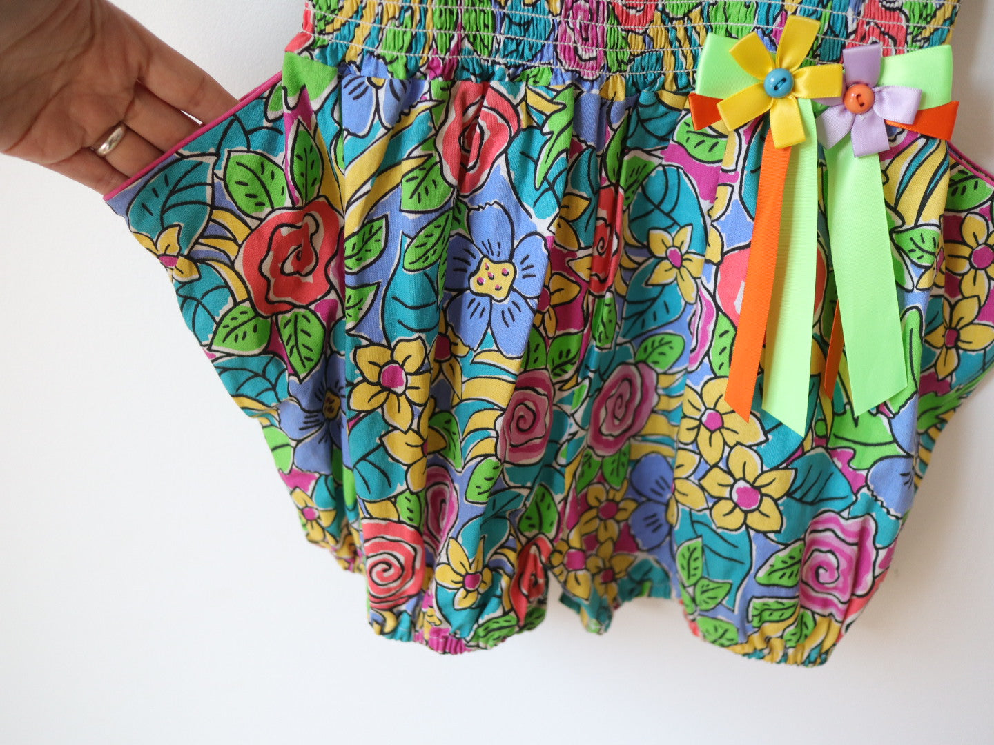 Vintage Neon Flower Print Summer Bubble Short Romper / 4Y