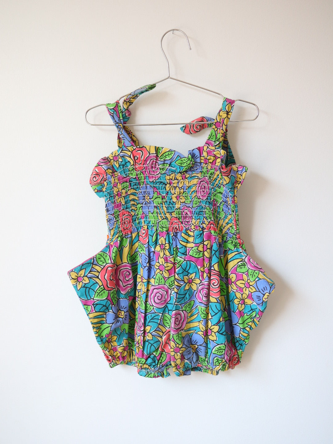 Vintage Neon Flower Print Summer Bubble Short Romper / 4Y