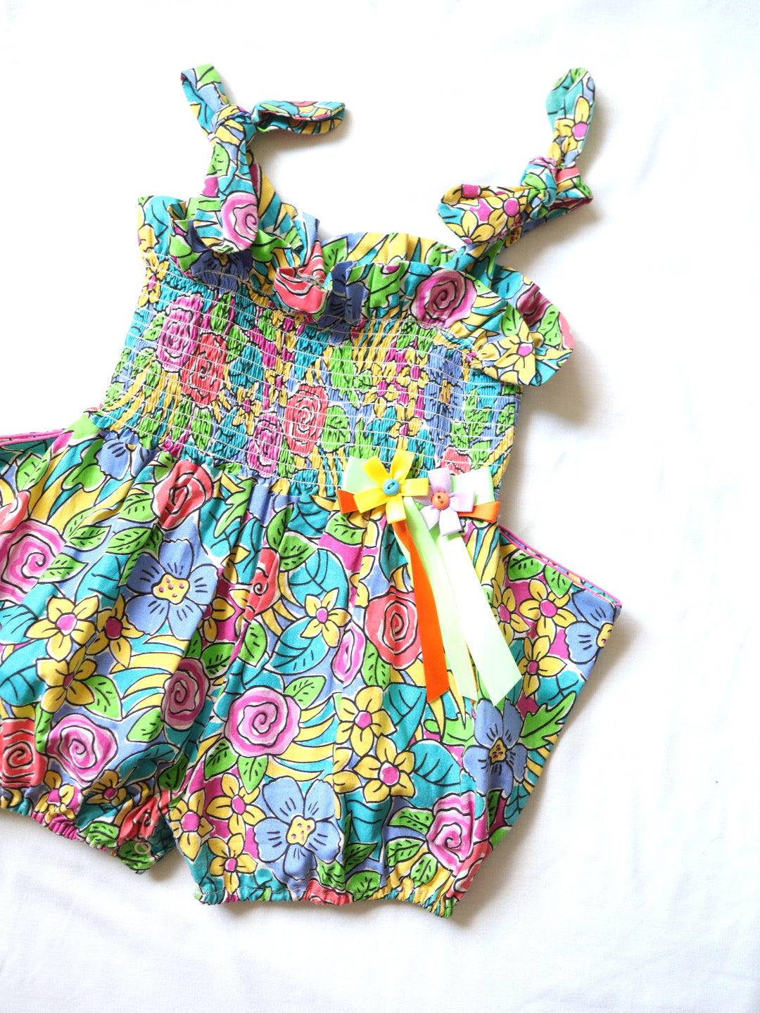 Vintage Neon Flower Print Summer Bubble Short Romper / 4Y