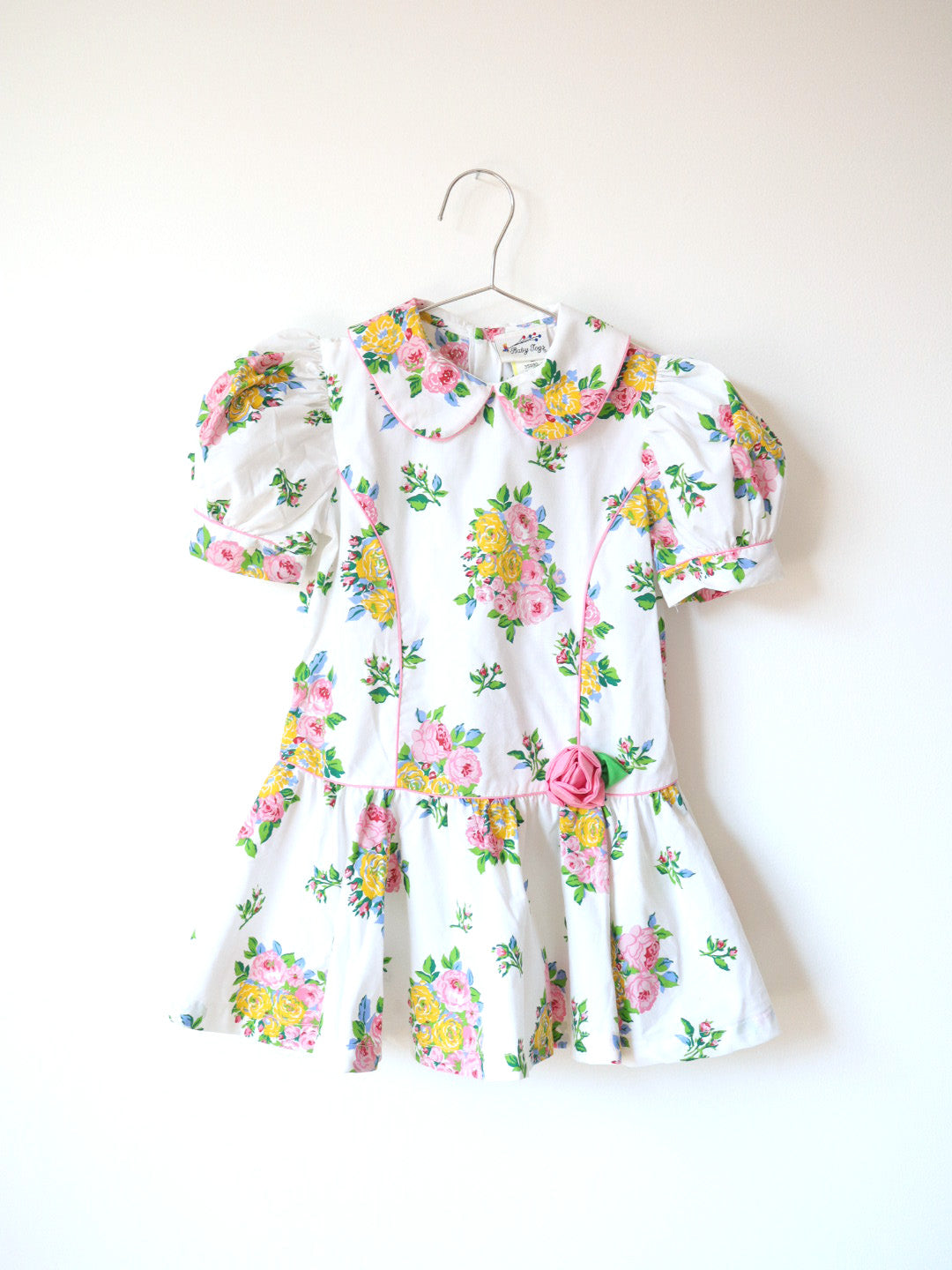 Vintage White Pink Rose Print Puff Sleeves Dress / 5Y