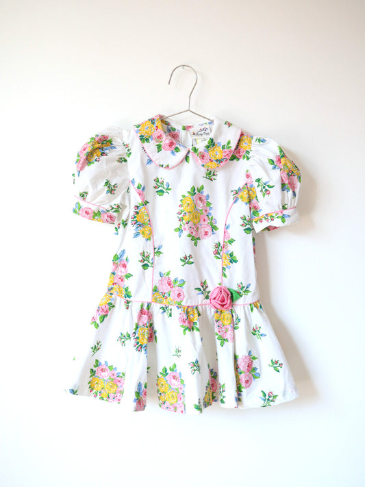 Vintage White Pink Rose Print Puff Sleeves Dress / 5Y