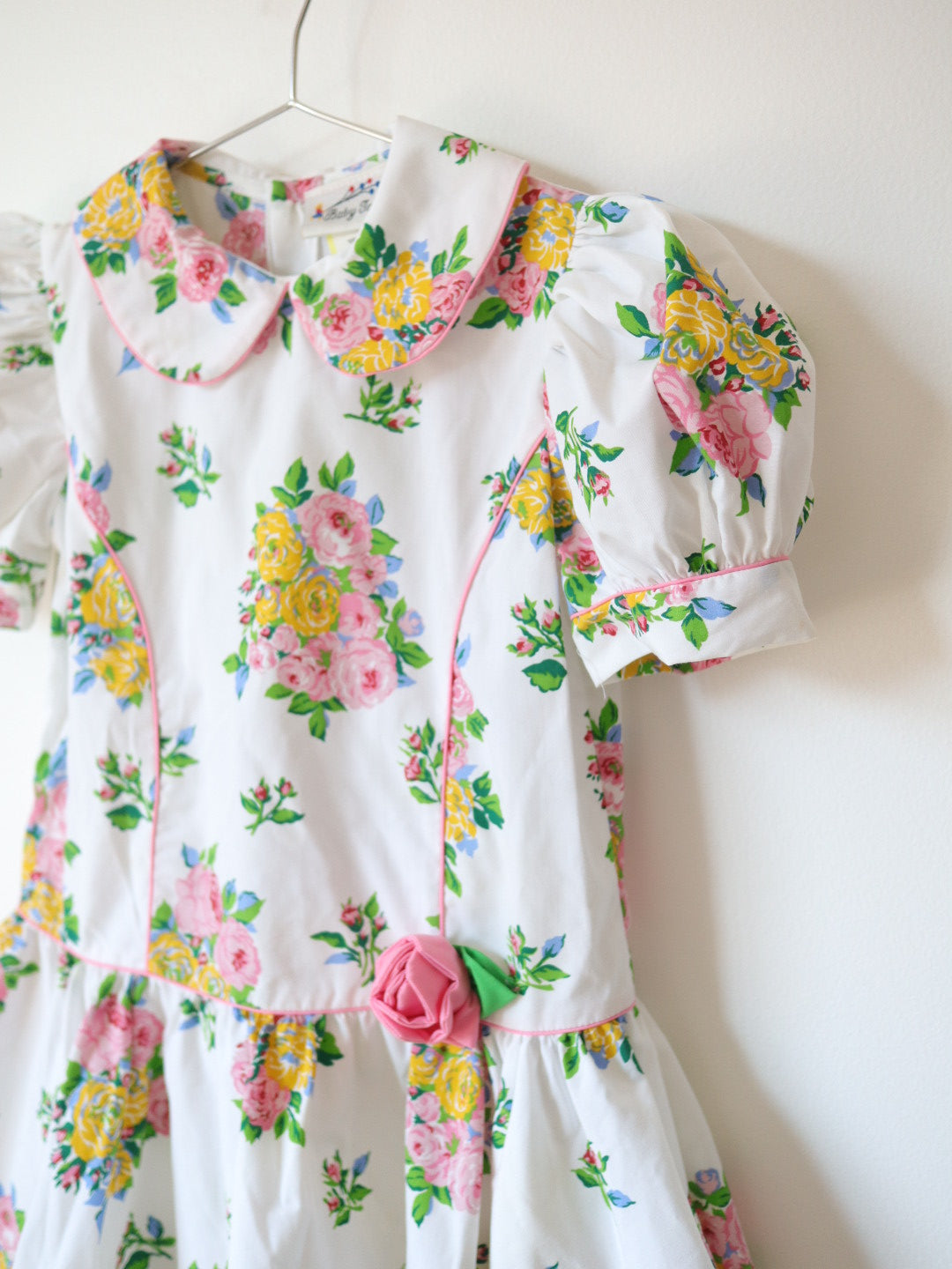Vintage White Pink Rose Print Puff Sleeves Dress / 5Y