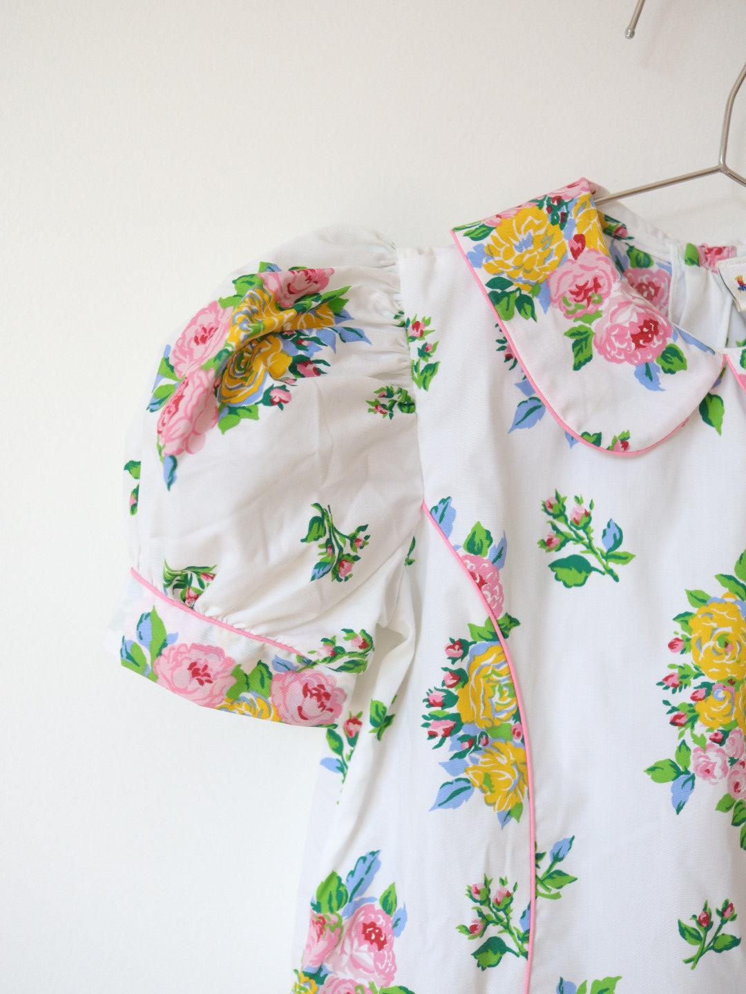 Vintage White Pink Rose Print Puff Sleeves Dress / 5Y