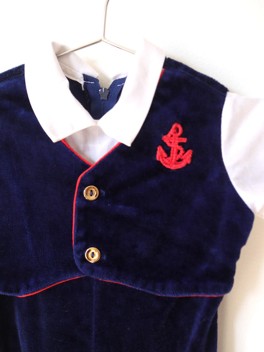 Vintage Velvet Baby Navy Formal Wear Romper / 3-6M