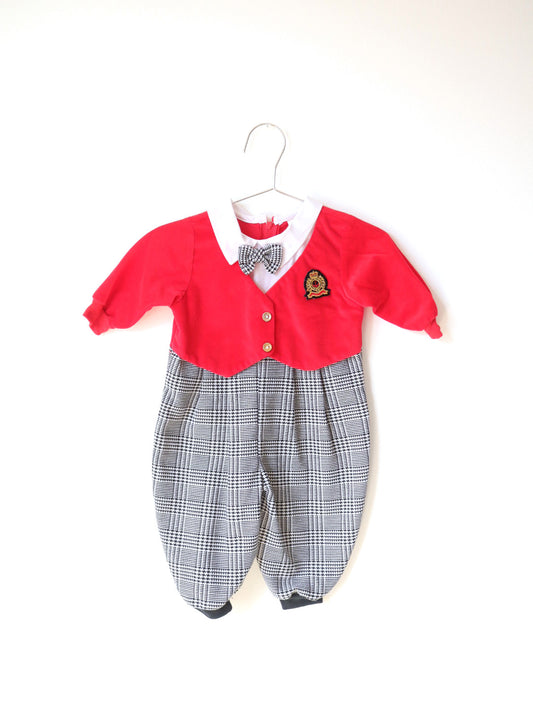 Vintage Red Houndstooth Plaid Baby Formal Onesie Jumpsuits / 9-12M