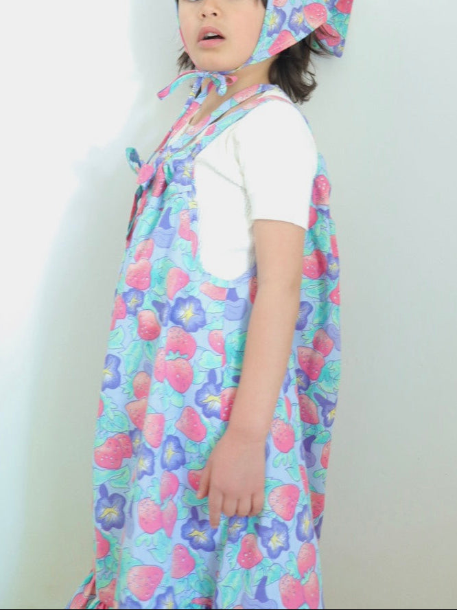 Handmade Strawberry Printed Summer Dress + Bandana + Bag Outfit SET / 8-10Y