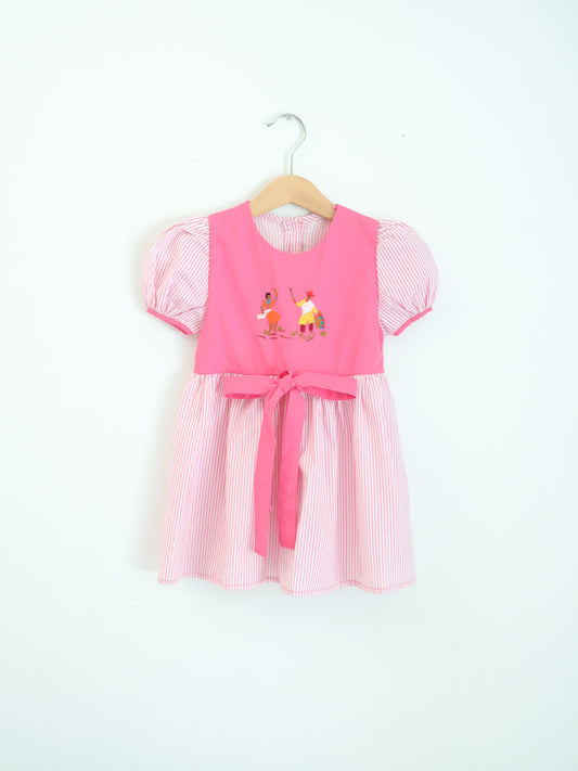 Pink Stripe Dancing Embroidered Dress / 2-3Y
