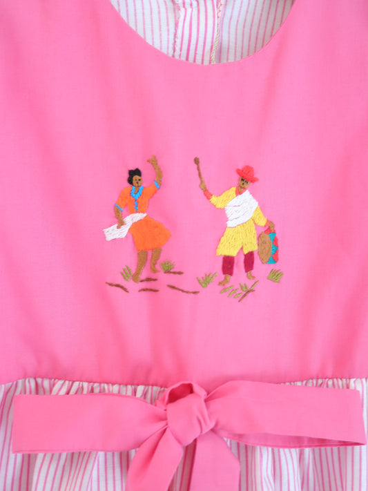 Pink Stripe Dancing Embroidered Dress / 2-3Y