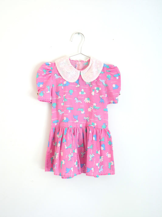 Vintage Pink Animal Print Laced Collar Dress / 2-3Y