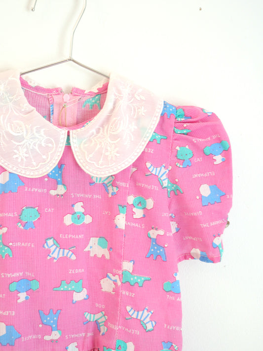 Vintage Pink Animal Print Laced Collar Dress / 2-3Y