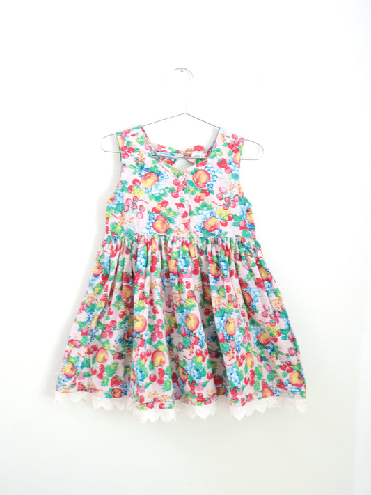 Vintage Pink Fruits Print Back Bows Dress / 4Y