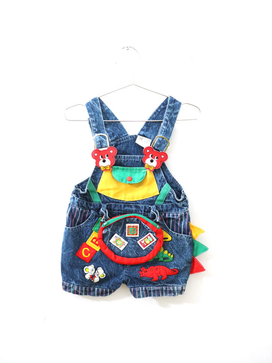 Vintage 80s Multi Colour Block Denim Short Overall / 2Y