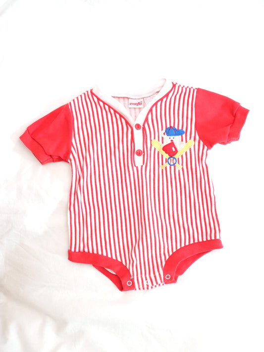 Vintage Red Stripe Baseball Bear Bodysuits Onesie / 18M