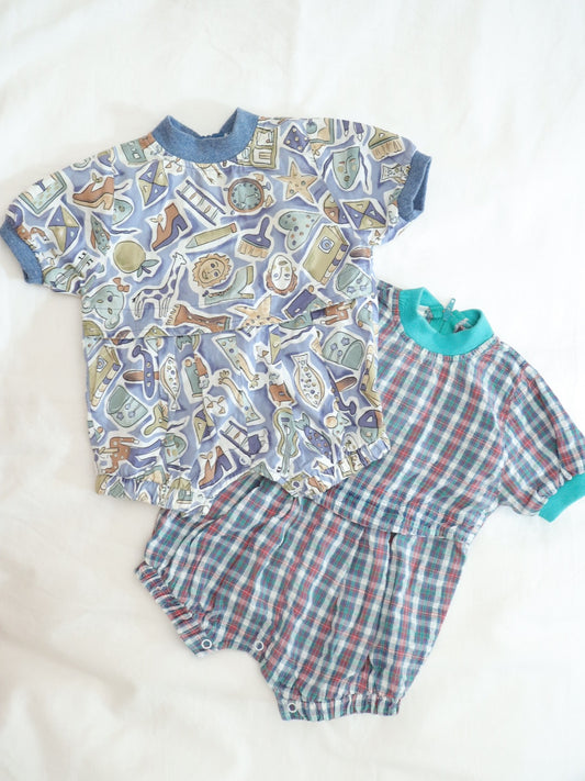 SET of 2 Vintage Baby Retro Print Short Rompers / 6M