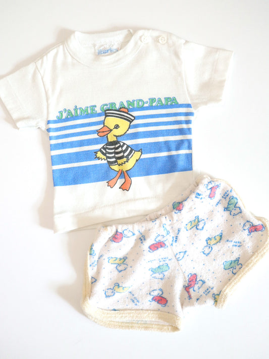 Vintage “J’AIME GRAND PAPA” Baby Tee + Summer Shorts Outfit SET / 6-12M