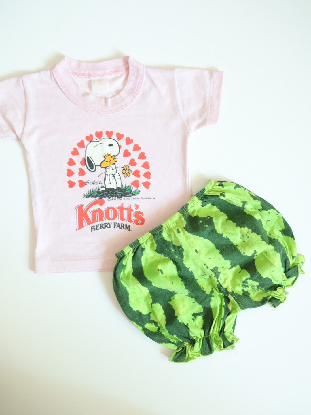 Vintage SNOOPY Pink Baby Tee + Watermelon Shorts Outfit SET / 12-18M
