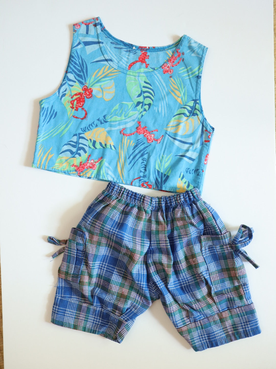 Vintage Jungle Monkeys Print Top + Blue Plaid Shorts SET / 18-24M, 2Y