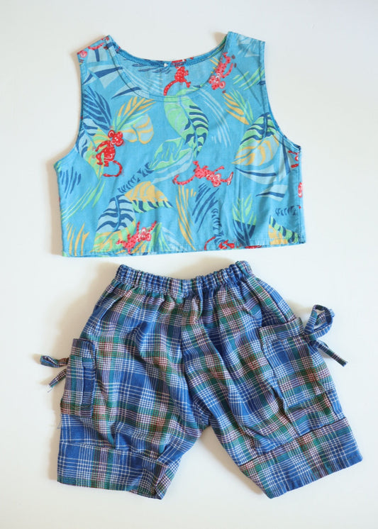Vintage Jungle Monkeys Print Top + Blue Plaid Shorts SET / 18-24M, 2Y