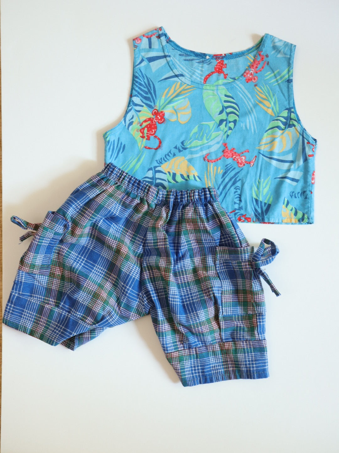 Vintage Jungle Monkeys Print Top + Blue Plaid Shorts SET / 18-24M, 2Y
