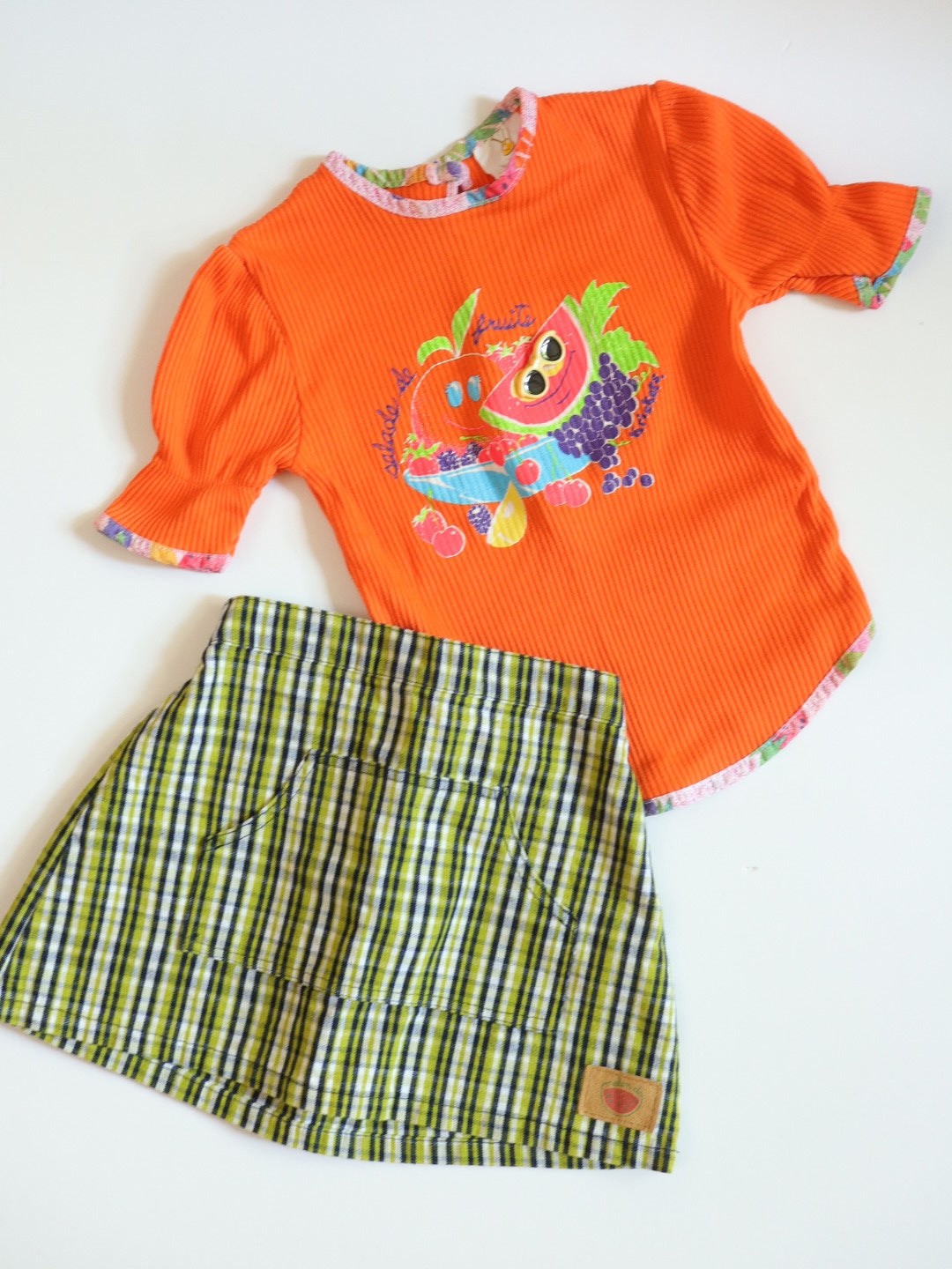Vintage Orange Fruits Print Tee + Green Plaid Skirt SET / 18-24M, 2Y