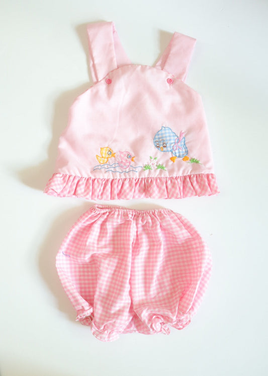Vintage Birds Embroidered Pink Baby Top + Shorts Outfit SET / 12M