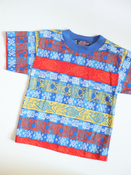 Vintage 80-90s Sea Animal Print Striped Tee / 5-6Y