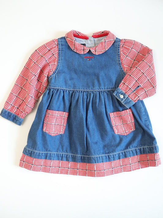 Y2K Tommy Hilfiger Denim & Red Plaid Baby Dress / 12-18M