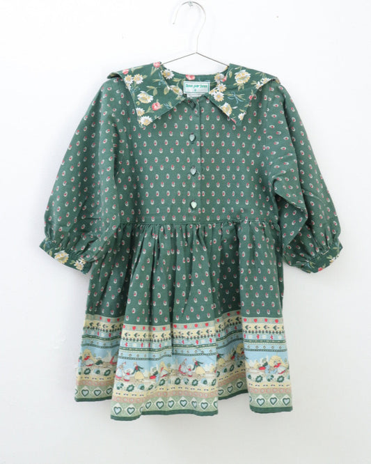 Vintage Deux par Deux Green Girls Print Dress / 4-5Y