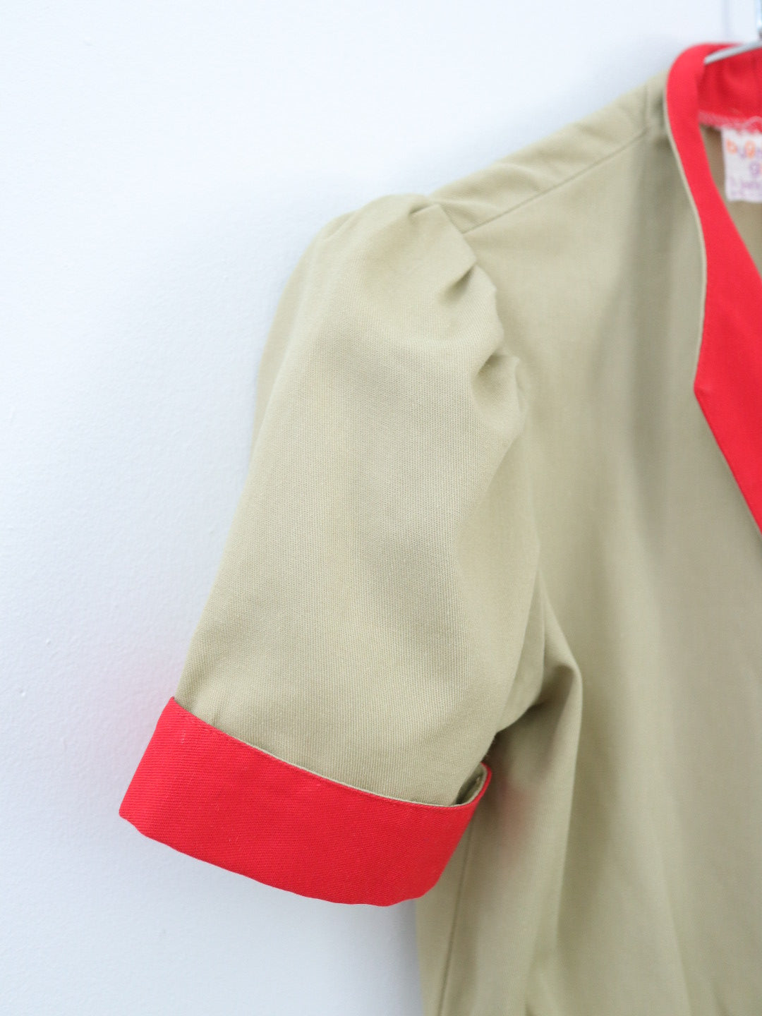 Vintage Beige Puff Sleeve Jumpsuits / 5-6Y