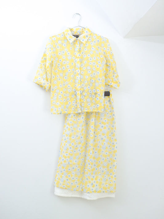 Vintage Yellow Floral Shirts + Skirt SET / 10-12Y