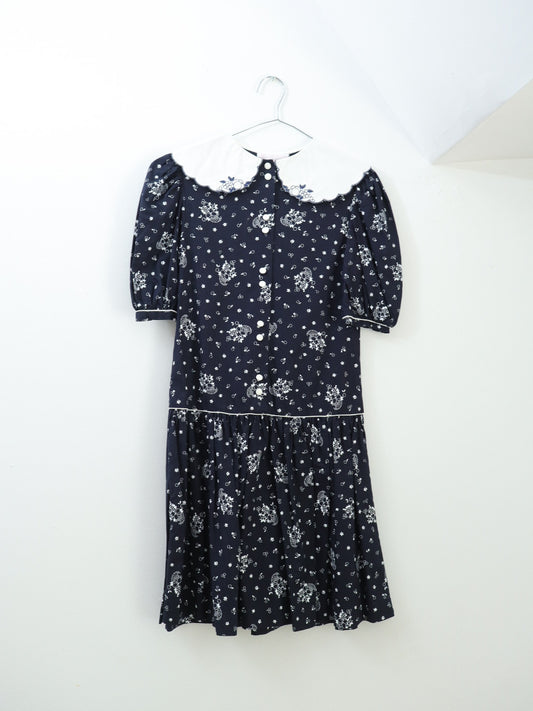 Vintage Fruits Print Black French Dress / 12Y+ (150)
