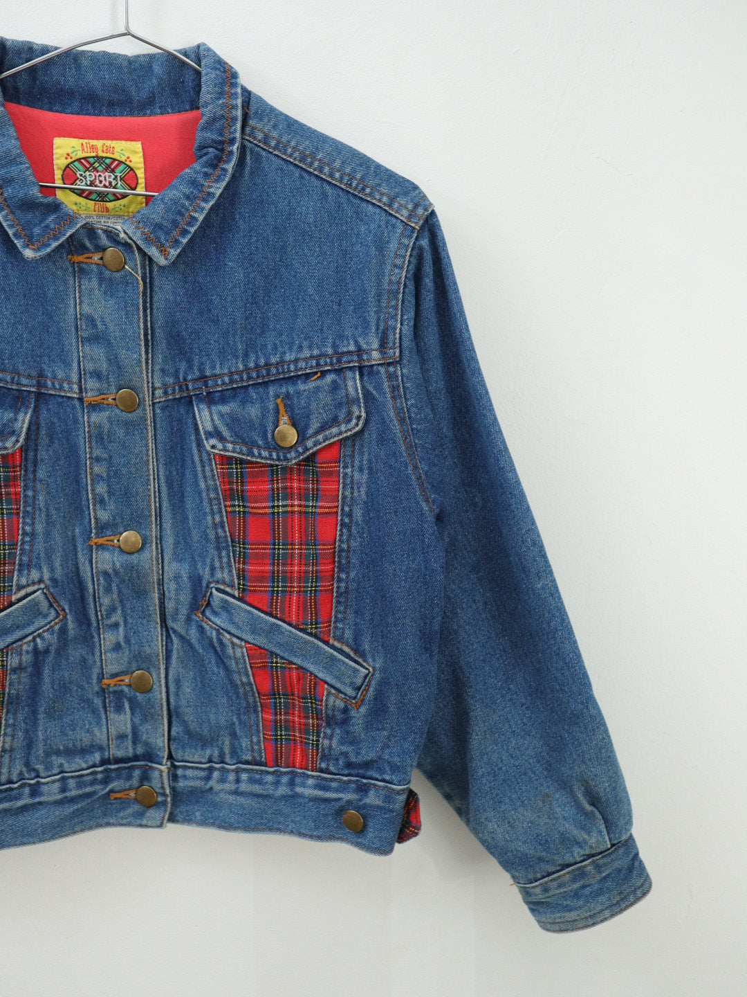 Vintage Denim & Red Plaid Oversized Jacket / Size 8-10Y+