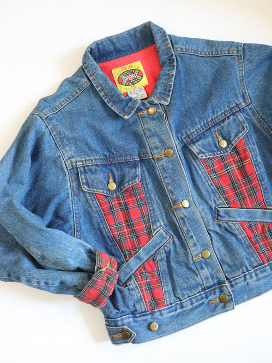 Vintage Denim & Red Plaid Oversized Jacket / Size 8-10Y+