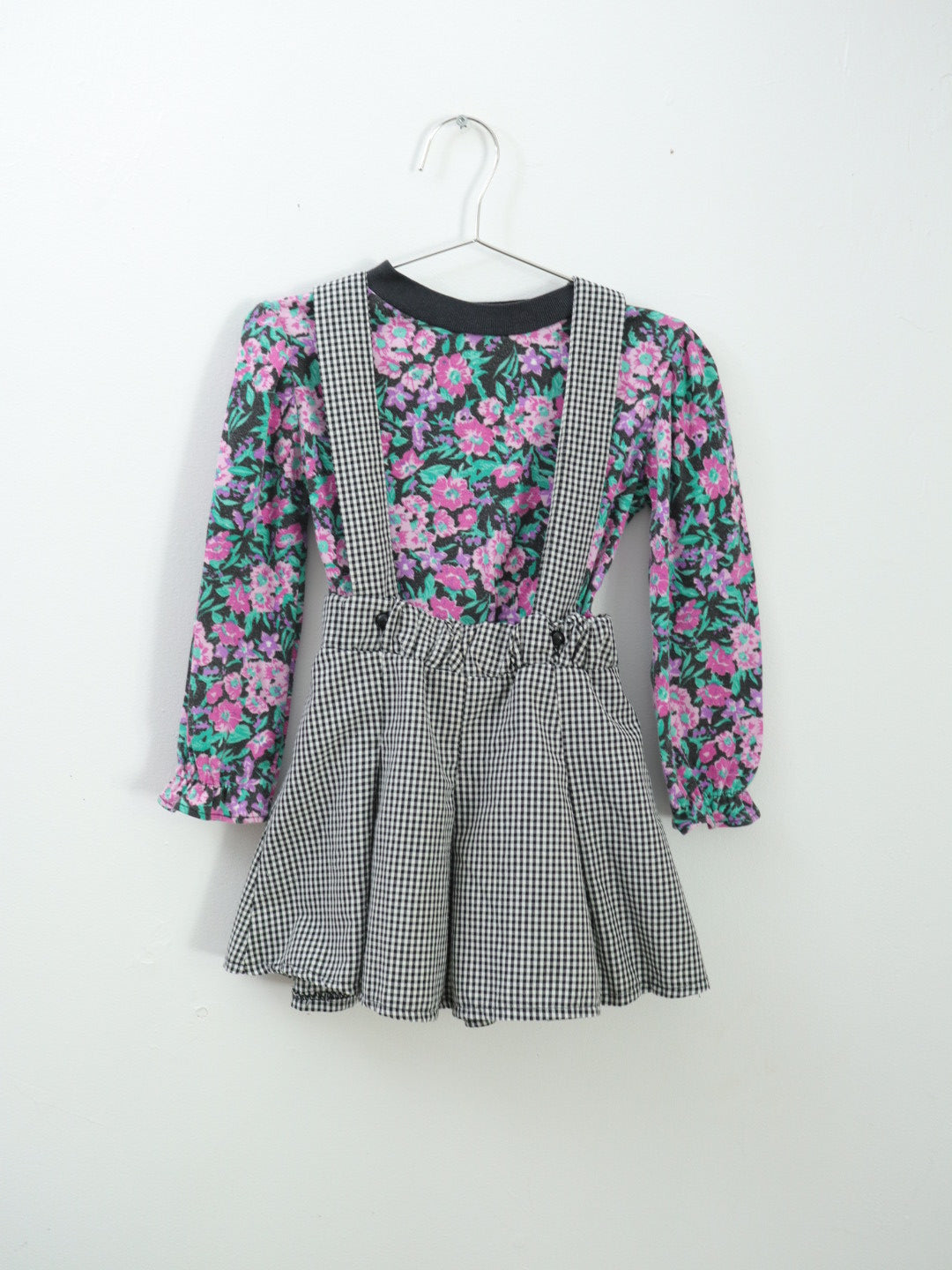 Vintage Black Plaid Suspender Skirt + Floral Top Outfit SET / 4-5Y