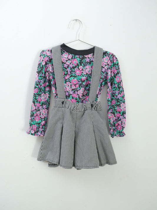 Vintage Black Plaid Suspender Skirt + Floral Top Outfit SET / 4-5Y